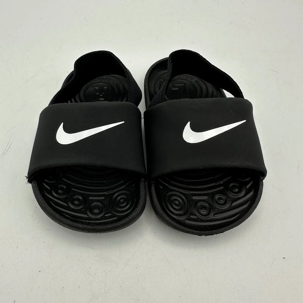 Nike Kawa Slide Toddler 4C Black White Swoosh Elastic Heel Strap BV1094-001